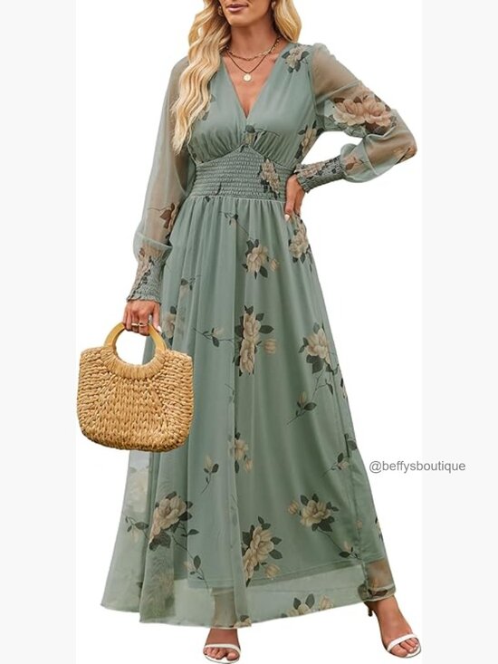 Dresses & Skirts - Floral Maxi Dress V Neck Puff Sleeve Long Sleeve Tulle Wedding Guest